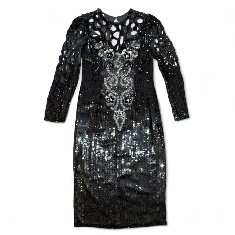 Vintage 80s Oleg Cassini Black Tie Beaded Sequin Silk Cocktail Party Dress SZ 10